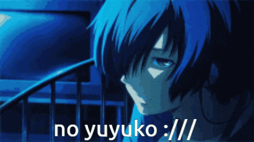 a blue haired anime character with the words no yuyuko : / /
