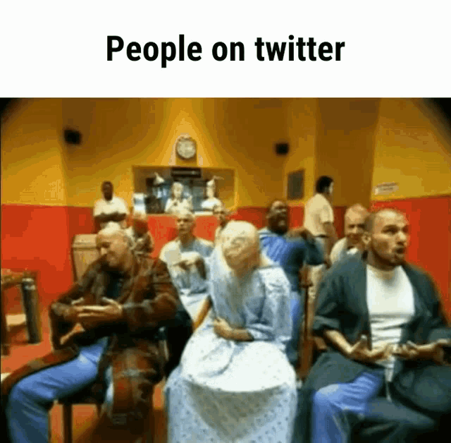 a group of people are sitting in a room with the words " people on twitter " below them