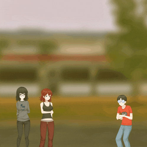 a man in a red shirt with a circle on it stands next to two girls