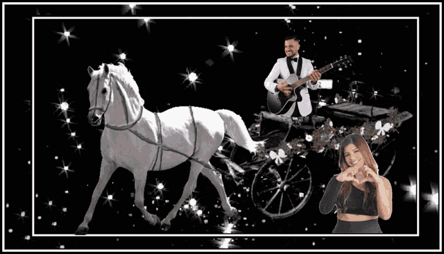 a man in a tuxedo is playing a guitar while riding in a horse drawn carriage