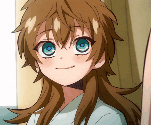 a cartoon girl with brown hair and blue eyes