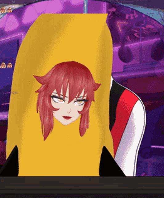a cartoon girl with red hair is wearing a yellow hoodie