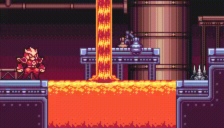 a pixel art illustration of a video game scene with lava coming out of a barrel .