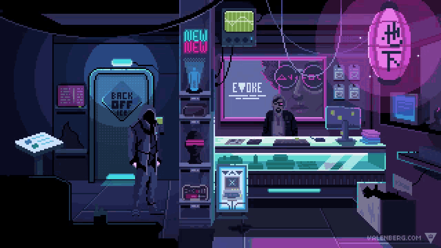 a pixel art of a man standing in front of a sign that says evoke