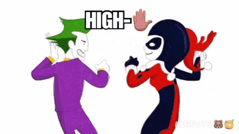 the joker and harley quinn are dancing together and the joker is holding harley 's hand up .