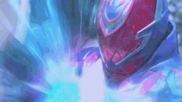 a close up of a red and blue superhero with a blue background