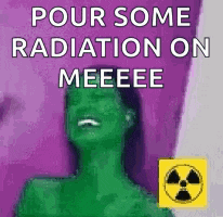 a green woman is laughing in front of a purple background .