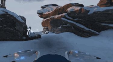 a person in a video game is flying through a snowy landscape