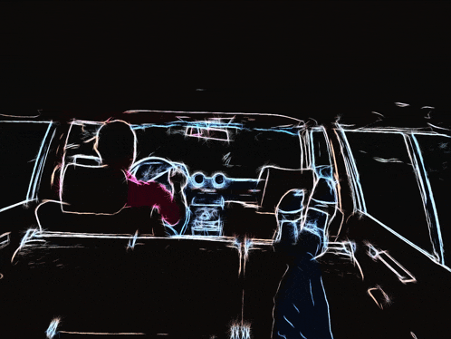a drawing of a person driving a car with the rear view mirror showing