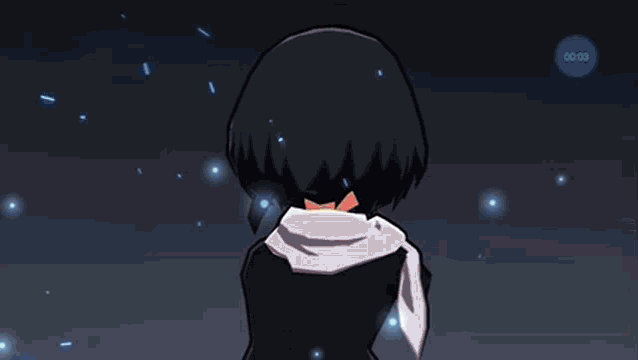 a cartoon character with black hair and a white scarf around his neck is standing in front of a blue sky .