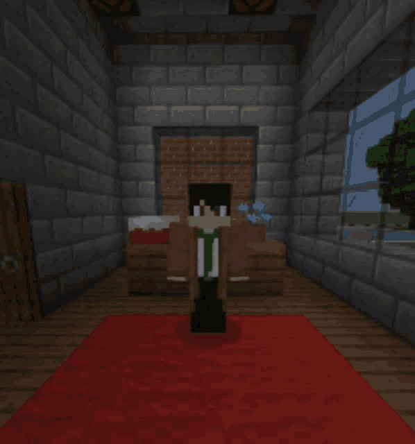 a minecraft character is standing in a room with a red carpet