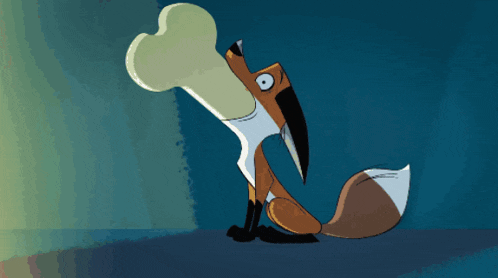 a cartoon of a fox holding a bone in its mouth