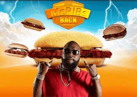 a man in a red shirt stands in front of a mcdonald 's advertisement for the mcribs back