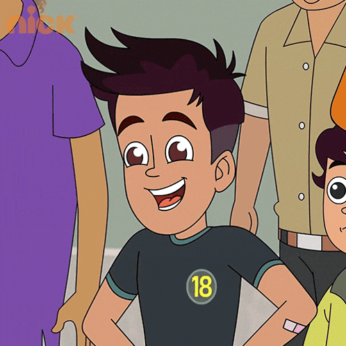 a cartoon boy wearing a black shirt with the number 18 on it