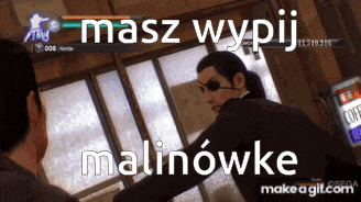 a man in a suit and eye patch is talking to another man .