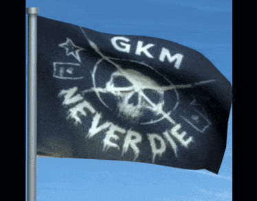 a flag that says gkm never die with a skull on it