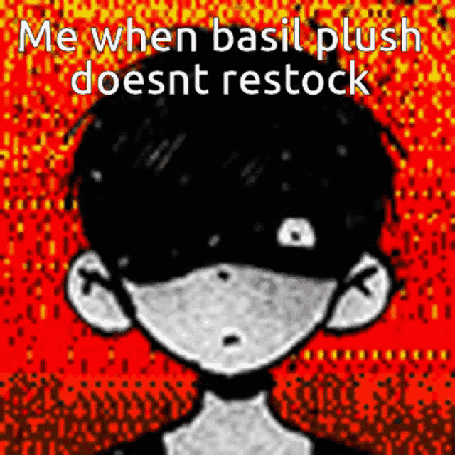 a black and white drawing of a boy with the words me when basil plush doesn t restock