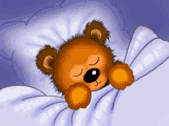 a brown teddy bear is sleeping in a bed with white sheets