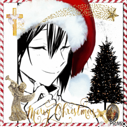 a picture of a man wearing a santa hat with the words merry christmas written on it
