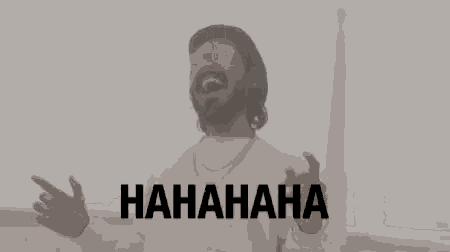 a man wearing glasses and a hat is laughing with the word  hahaha written below him