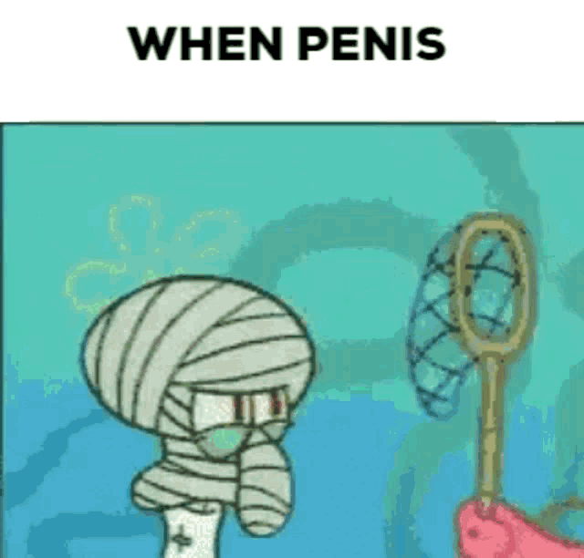 squidward from spongebob squarepants is wrapped in bandages and standing next to a fishing net .