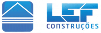 a blue and white logo for lf construcoes on a white background