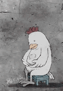 a chicken is sitting on a blue stool holding a chicken .