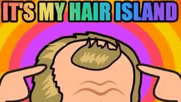 a cartoon of a man with a bald head pointing at his hair .