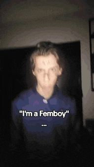 a blurry photo of a man with the words " i 'm a femboy " on the bottom