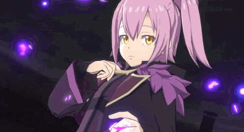 a girl with purple hair and yellow eyes is holding a purple object in her hand