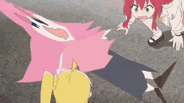 a girl with red hair is standing next to a girl with a yellow tail