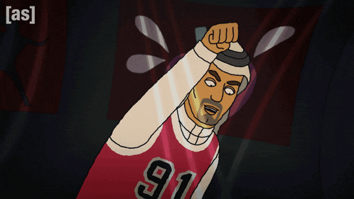 a cartoon of a man wearing a red jersey with the number 91 on it