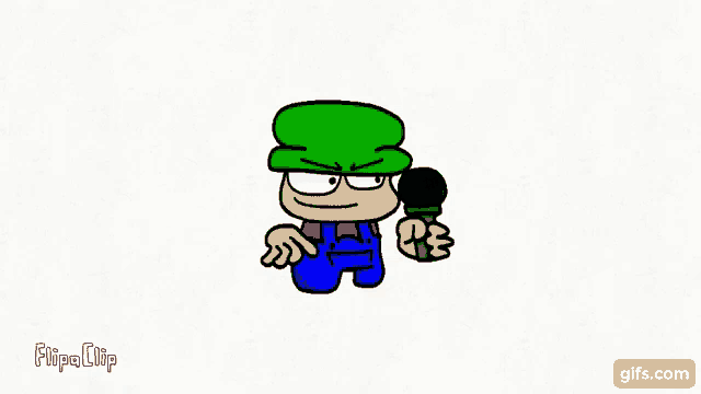 a blue cartoon character is holding a microphone and singing .