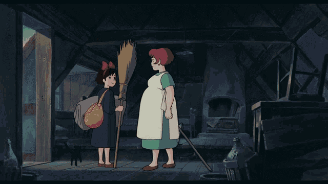 a woman with a broom stands next to a girl with a backpack