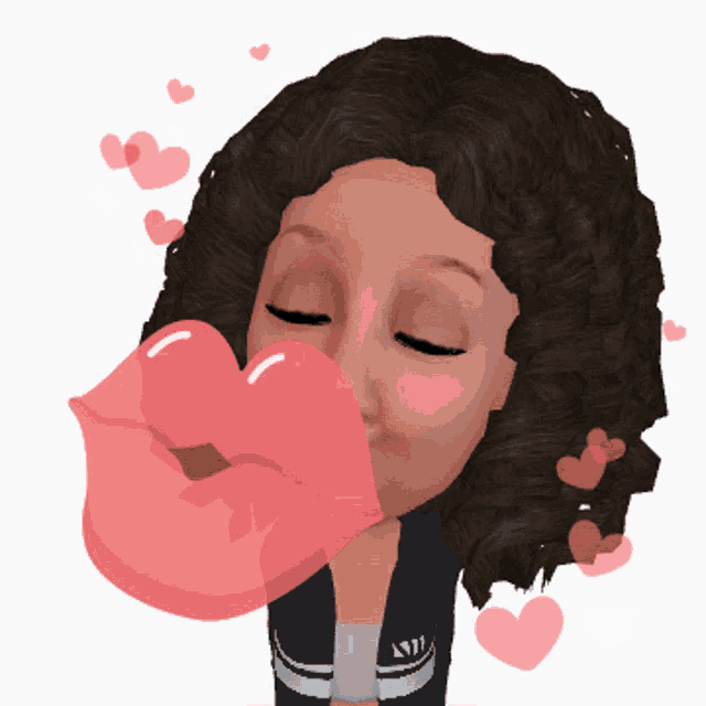 a cartoon of a woman blowing a kiss with hearts surrounding her