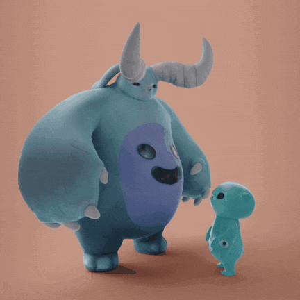 a cartoon character with horns standing next to a smaller character