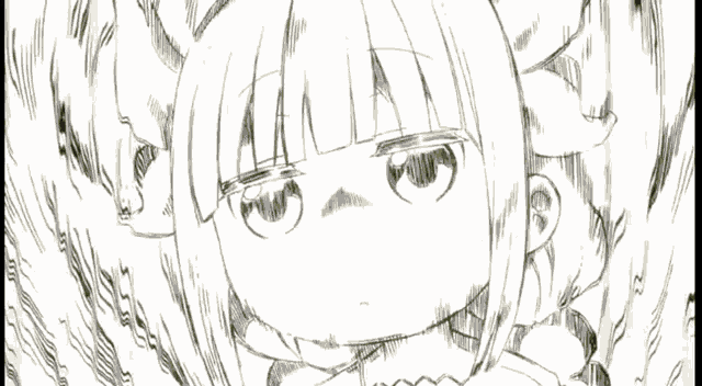a black and white drawing of a girl with horns and a surprised face .