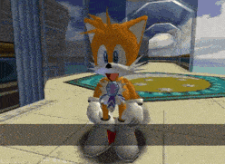 tails from sonic the hedgehog is sitting on the floor
