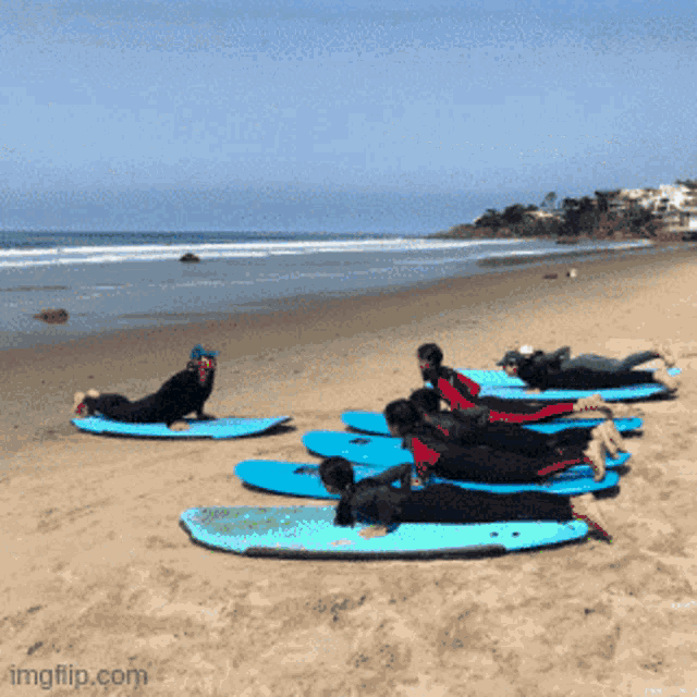 a group of people laying on surfboards on a beach with imgflip.com at the bottom