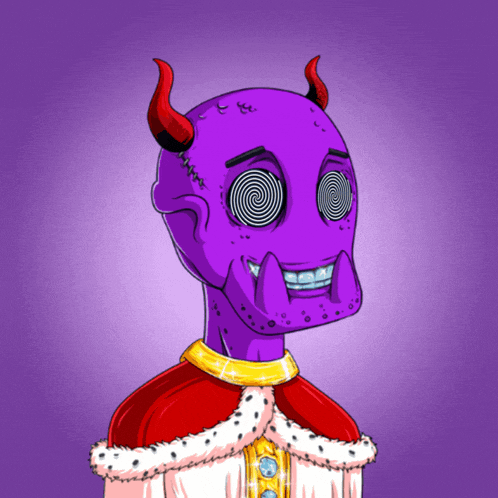 a cartoon drawing of a purple monster with horns