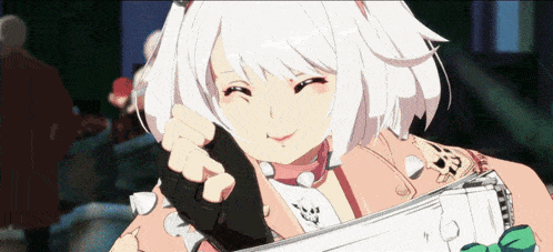 a girl with white hair and a tattoo on her arm holds a gun