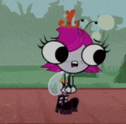 a cartoon character with big eyes and pink hair is wearing a crown
