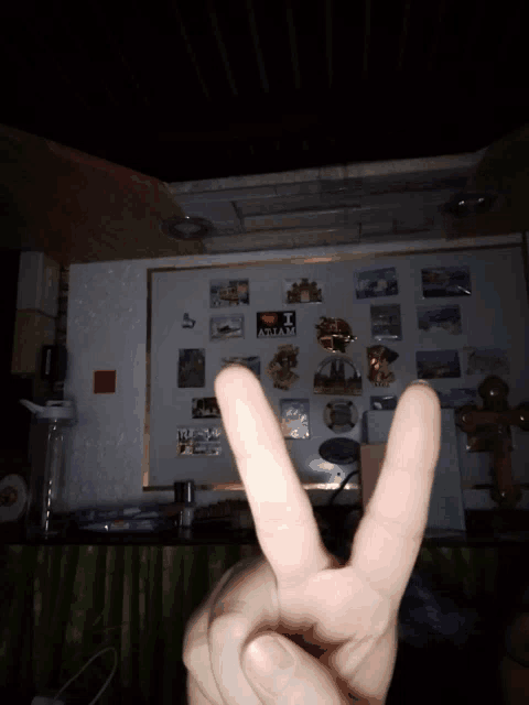 a person giving a peace sign in front of a white board with magnets on it including one that says i love alaska