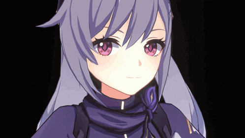 a close up of a girl with purple hair