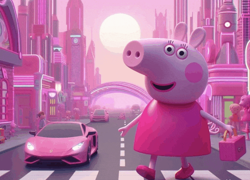 a peppa pig cartoon character is crossing a street with a pink lamborghini in the background