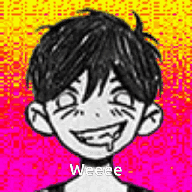 a black and white drawing of a boy with a smiley face and a pink background .