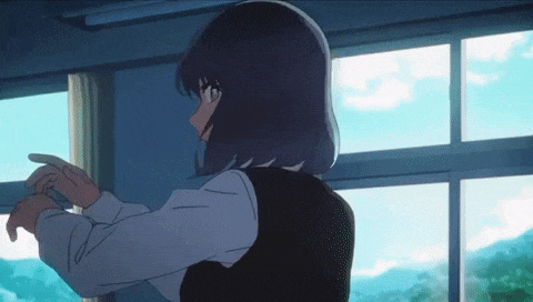 a girl is standing in front of a window in a classroom and pointing at the sky .