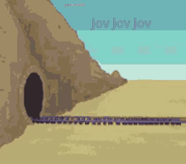 a cartoon of a train going through a tunnel with the words " jovjovjov " on the top