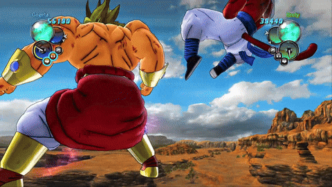 a screenshot of a video game shows cogeta and broly fighting each other