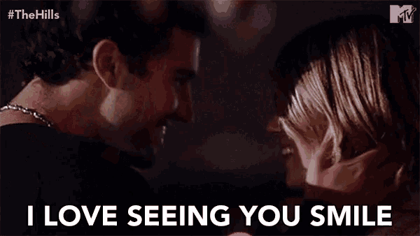 a man and a woman are looking into each other 's eyes with the words i love seeing you smile below them